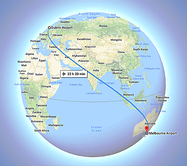 A map showing a flight from Dublin to Melbourne.