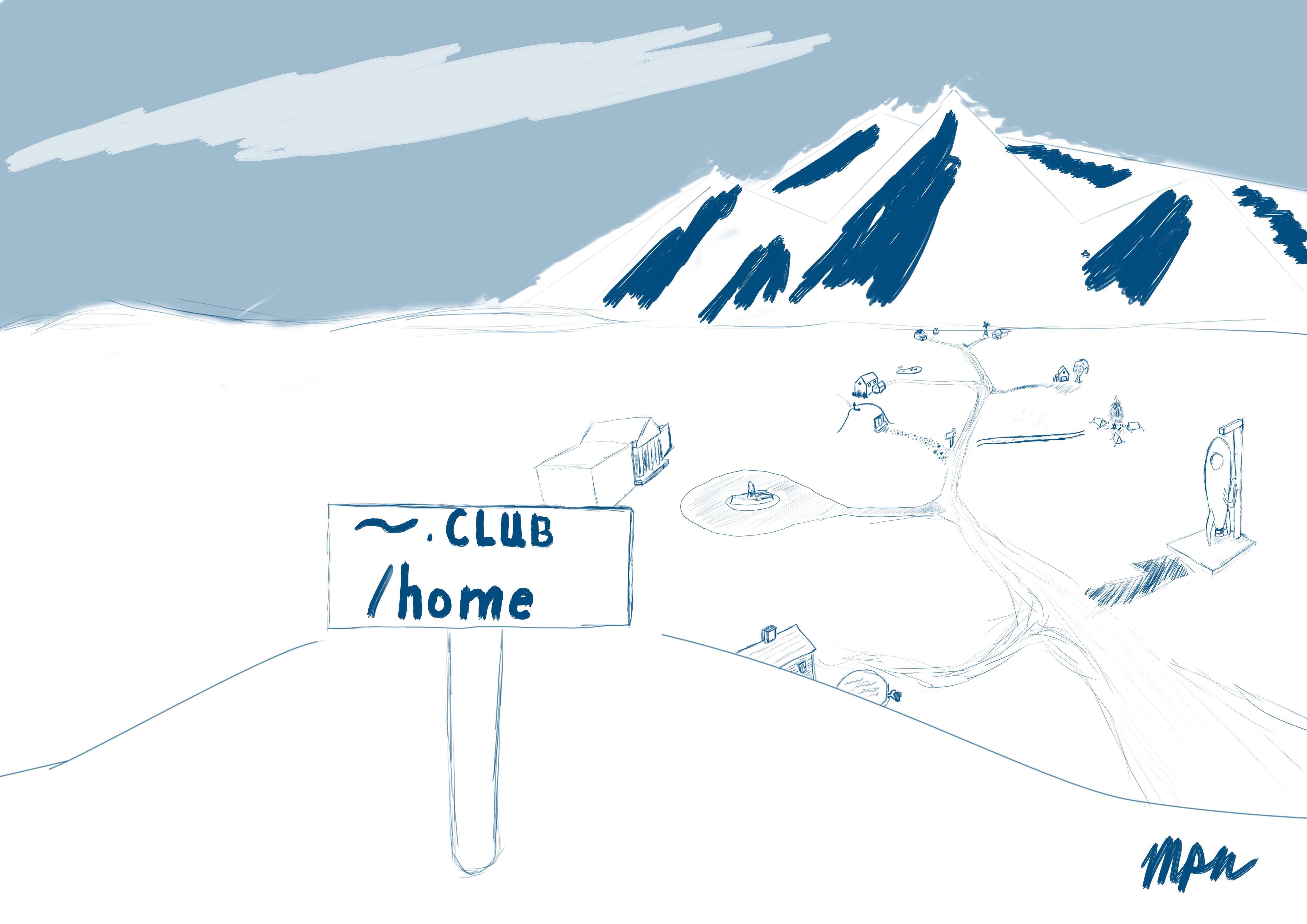 A sign in the foreground with '~.club /home' written on it standing on a hill overlooking a road with different unique houses in the midground and sky and mountains in the background