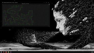 Playing it on Windows with a black and white pixel art background.